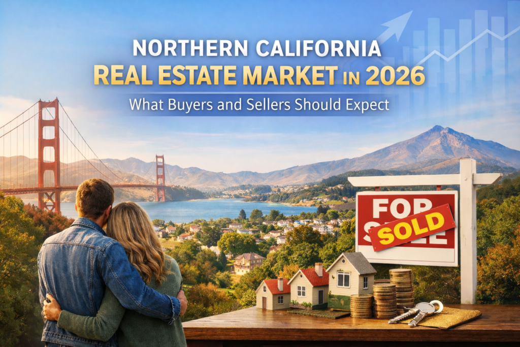 A scenic view of Northern California featuring the Golden Gate Bridge, a hillside neighborhood with charming homes, and Mount Tamalpais in the background. In the foreground, a couple stands facing the landscape with their arms around each other. A "SOLD" sign and miniature houses are placed near a stack of coins, with an overlay of a rising market trend graph and the text "NORTHERN CALIFORNIA REAL ESTATE MARKET IN 2026.