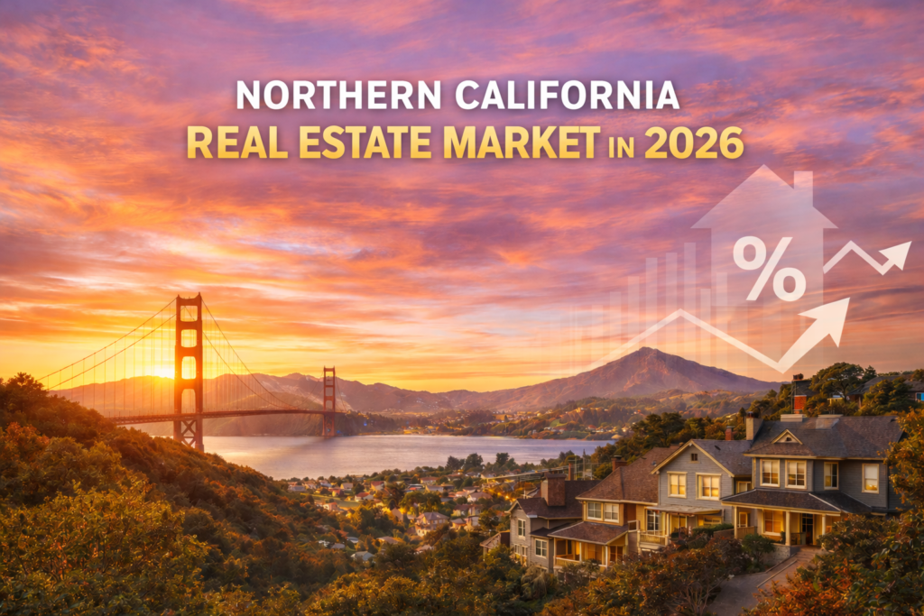 A breathtaking aerial view of Northern California at sunset, showcasing the Golden Gate Bridge, a hillside neighborhood with charming homes, and Mount Tamalpais in the background. The warm pink, orange, and purple hues of the sunset contrast with the white text overlay, which reads "NORTHERN CALIFORNIA REAL ESTATE MARKET IN 2026," along with a graphic of rising market trends and a percentage symbol.