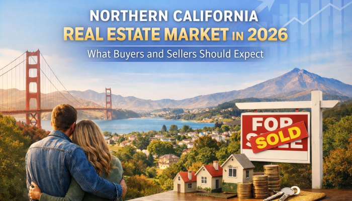 A scenic view of Northern California featuring the Golden Gate Bridge, a hillside neighborhood with charming homes, and Mount Tamalpais in the background. In the foreground, a couple stands facing the landscape with their arms around each other. A "SOLD" sign and miniature houses are placed near a stack of coins, with an overlay of a rising market trend graph and the text "NORTHERN CALIFORNIA REAL ESTATE MARKET IN 2026.